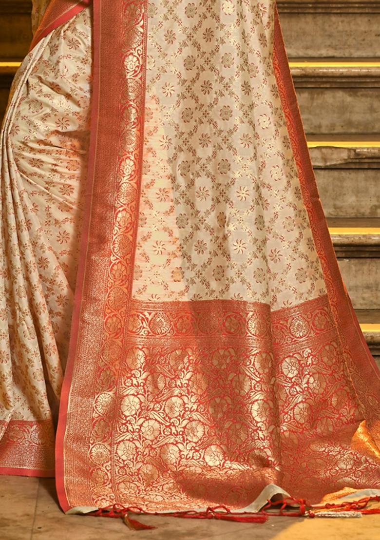 Red Woven Zari Work Banarasi Silk Saree Set - Indya