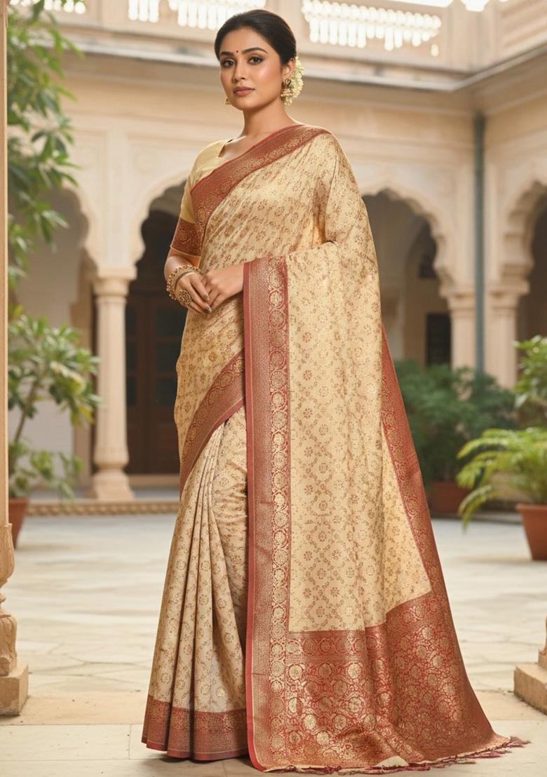 Maroon Woven Zari Work Banarasi Silk Saree Set - Indya