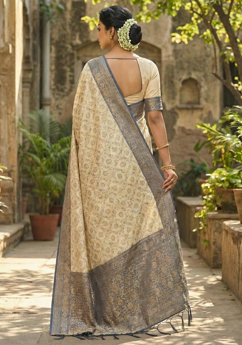 Navy Blue Woven Zari Work Banarasi Silk Saree Set - Indya