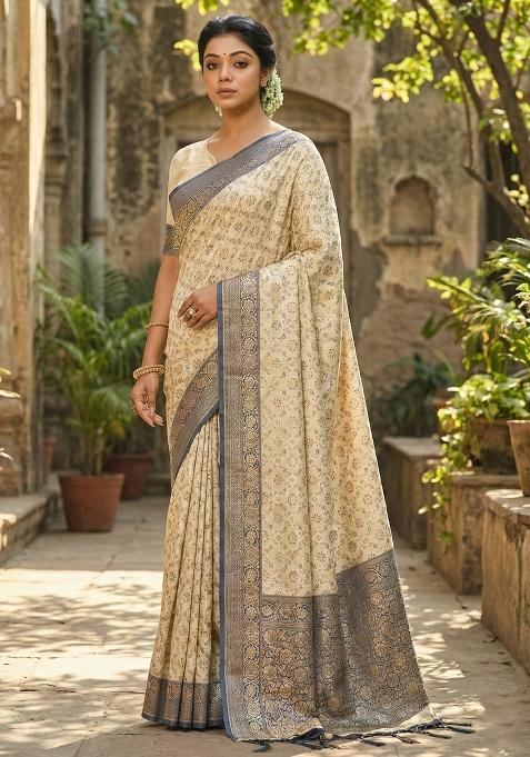 Navy Blue Woven Zari Work Banarasi Silk Blend Saree Set