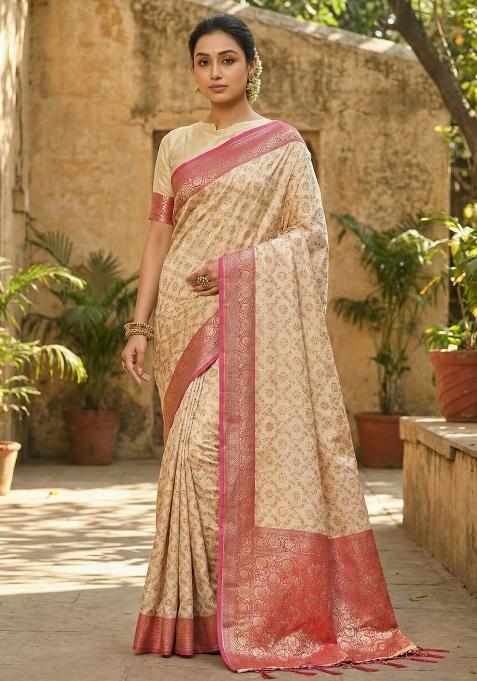 Pink Woven Zari Work Banarasi Silk Blend Saree Set
