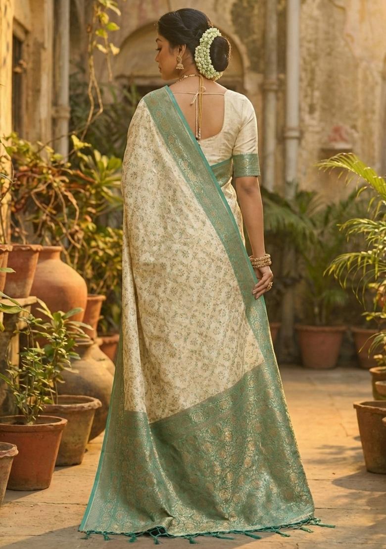 Sea Green Woven Zari Work Banarasi Silk Saree Set - Indya