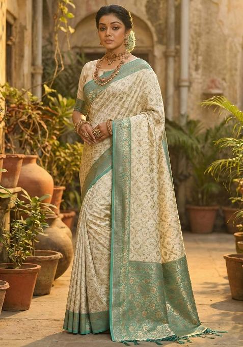 Sea Green Woven Zari Work Banarasi Silk Saree Set — view on Indya