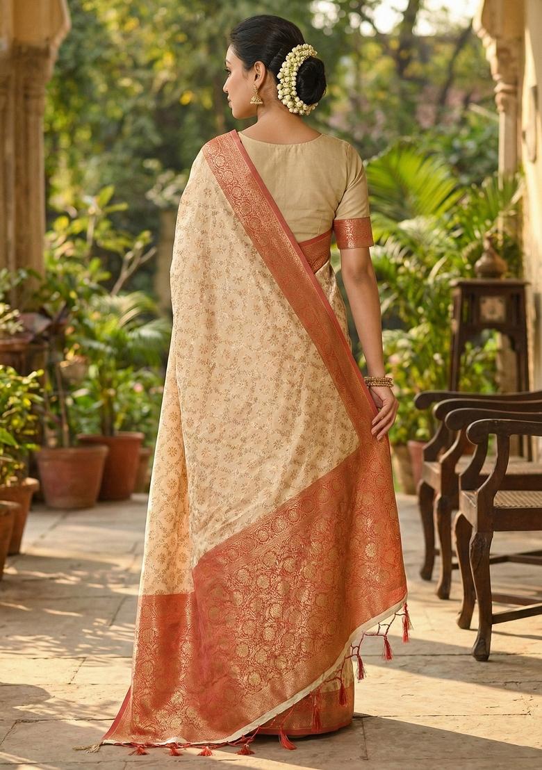 Red Woven Zari Work Banarasi Silk Saree Set - Indya