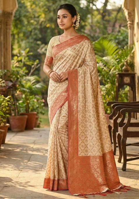 Red Woven Zari Work Banarasi Silk Saree Set