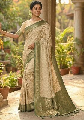 Dark Green Woven Zari Work Banarasi Silk Saree Set