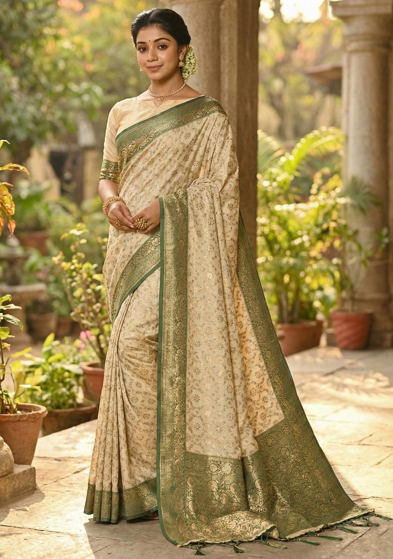 Dark Green Woven Zari Work Banarasi Silk Saree Set - Indya