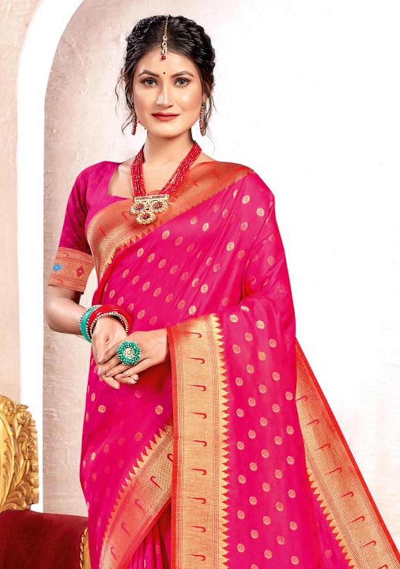 Magenta Woven Zari Work Paithani Silk Saree Set - Indya