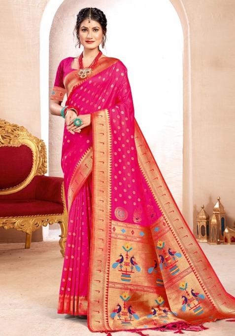 Magenta Woven Zari Work Paithani Silk Blend Saree Set