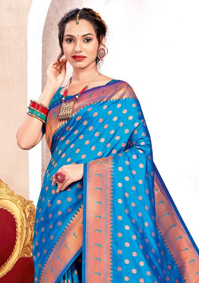 Blue Woven Zari Work Paithani Silk Saree Set - Indya