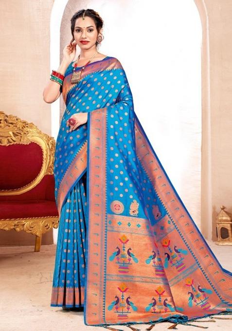 Blue Woven Zari Work Paithani Silk Saree Set