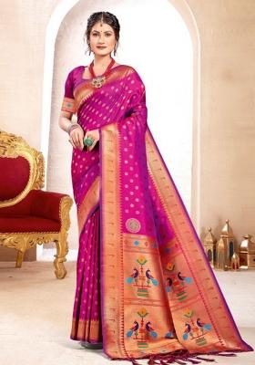 Purple Woven Zari Work Paithani Silk Saree Set