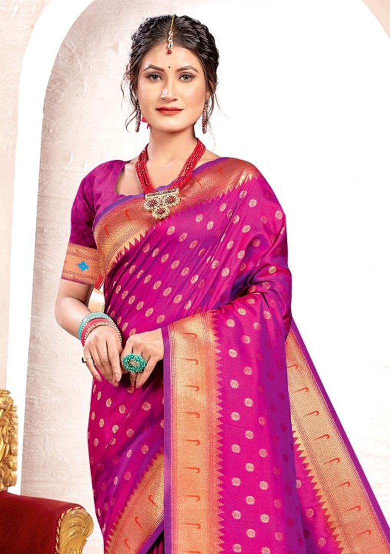 Purple Woven Zari Work Paithani Silk Saree Set - Indya
