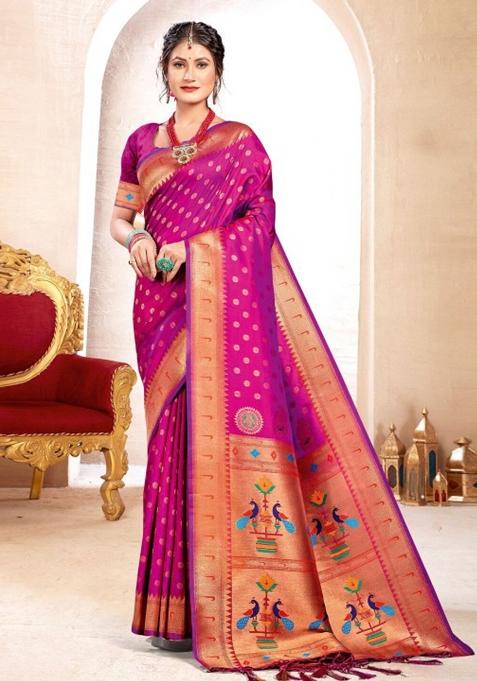 Purple Woven Zari Work Paithani Silk Blend Saree Set