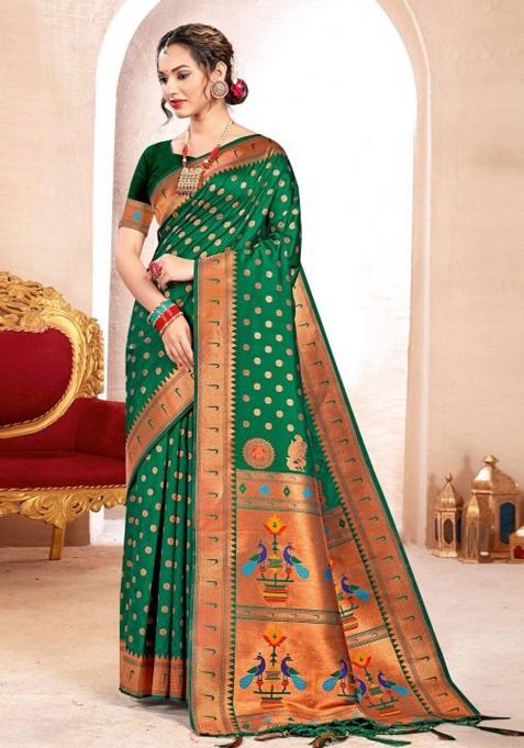 Green Woven Zari Work Paithani Silk Blend Saree Set