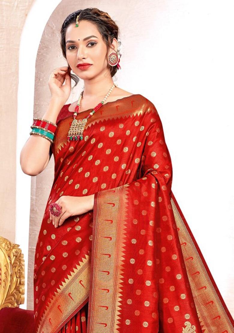 Red Woven Zari Work Paithani Silk Saree Set - Indya