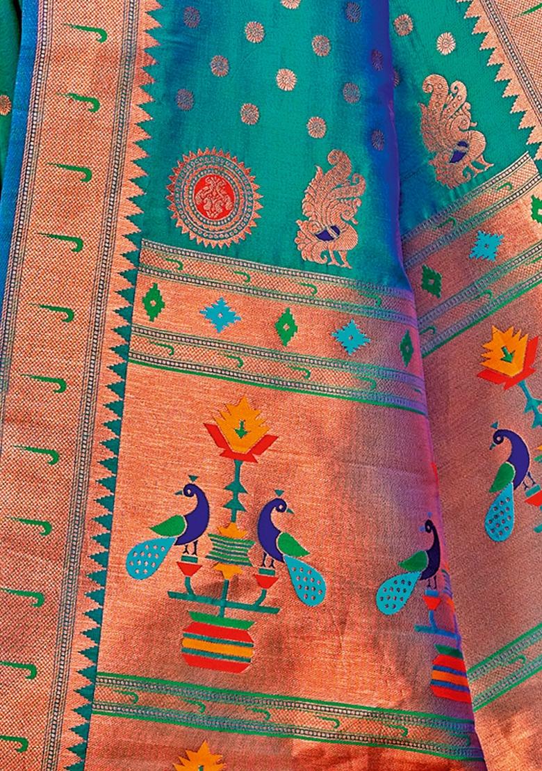 Sea Green Woven Zari Work Paithani Silk Saree Set - Indya