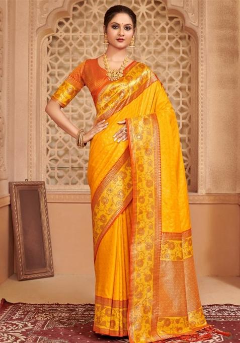 Yellow Woven Zari Work Banarasi Silk Blend Saree Set