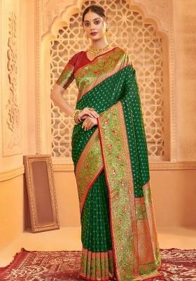 Dark Green Woven Zari Work Banarasi Silk Saree Set