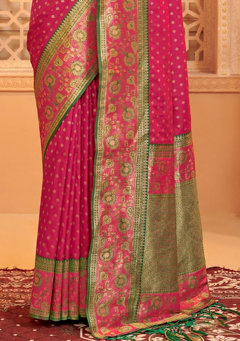 Dark Pink Woven Zari Work Banarasi Silk Saree Set - Indya