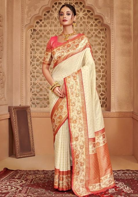 Off White Woven Zari Work Banarasi Silk Blend Saree Set