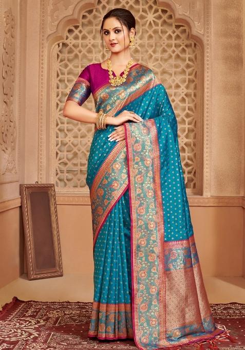 Blue Woven Zari Work Banarasi Silk Saree Set — view on Indya