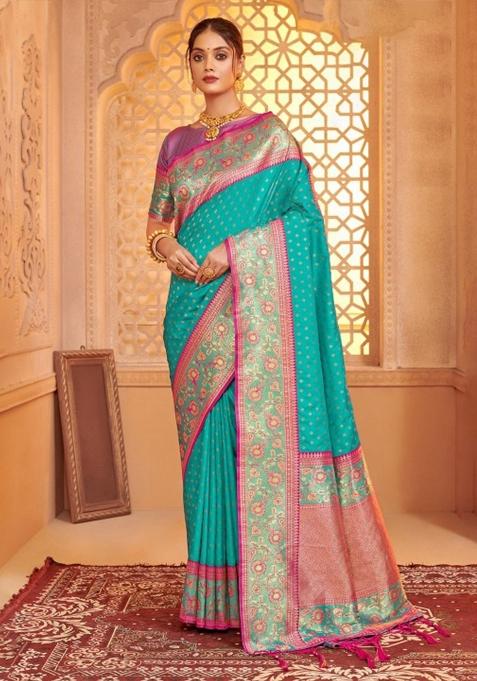 Sea Green Woven Zari Work Banarasi Silk Saree Set — view on Indya