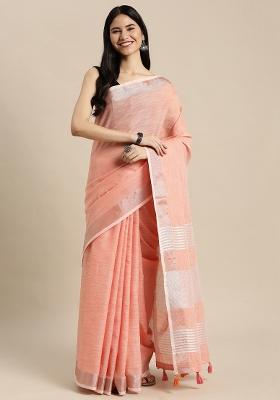 Peach Woven Zari Work Poly Cotton Saree Set