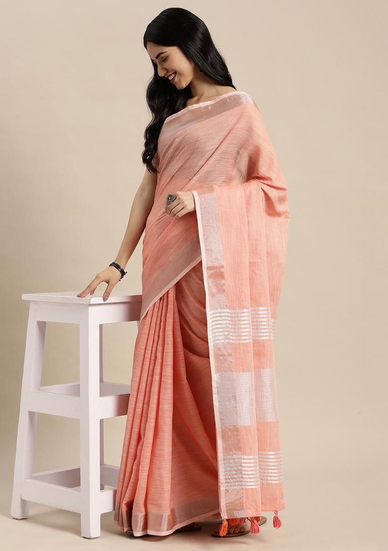 Peach Woven Zari Work Poly Cotton Saree Set - Indya