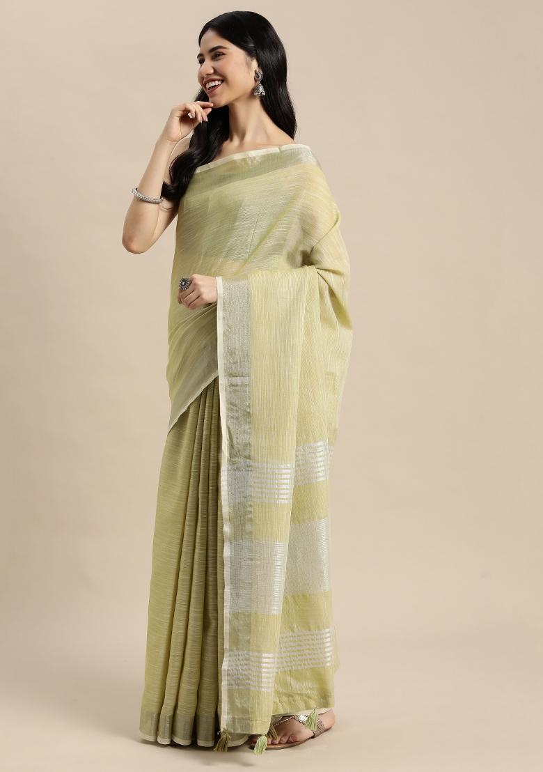 Rama Green Woven Zari Work Poly Cotton Saree Set - Indya