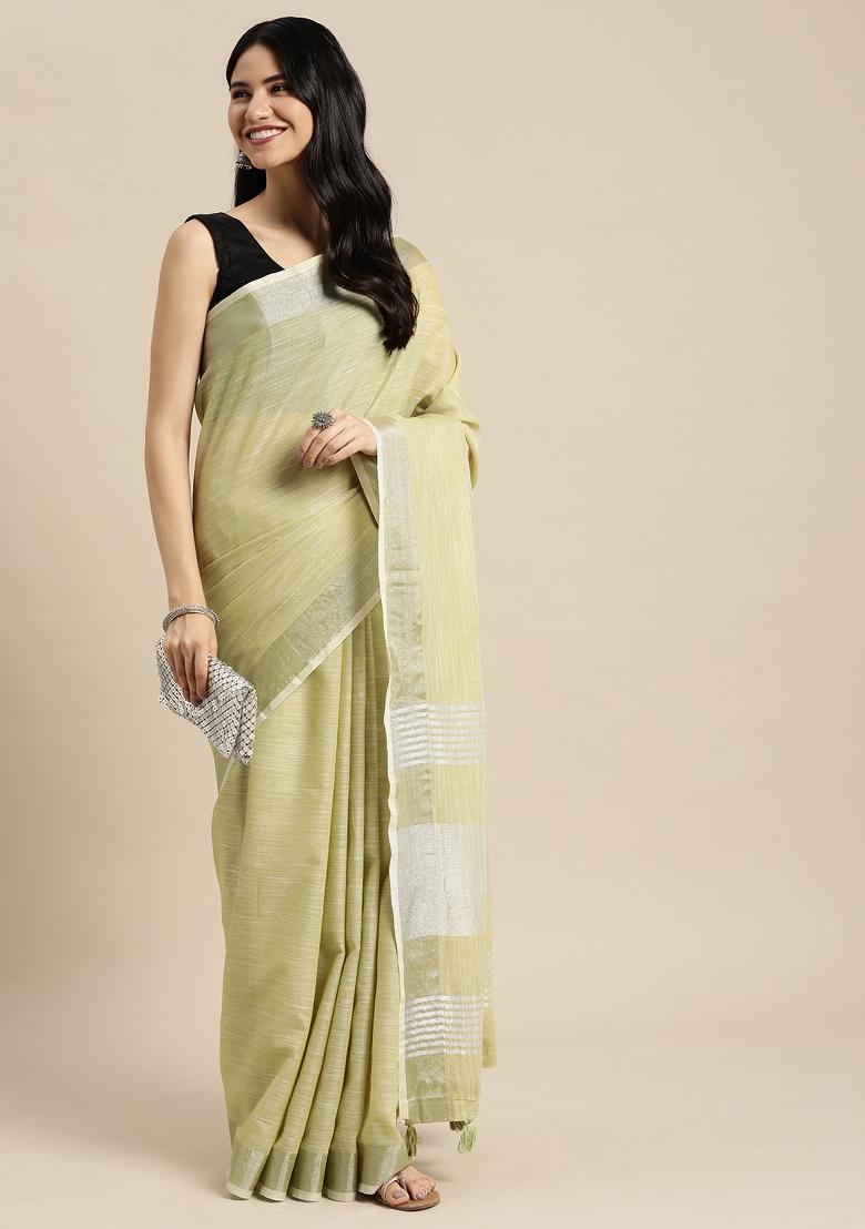 Rama Green Woven Zari Work Poly Cotton Saree Set - Indya