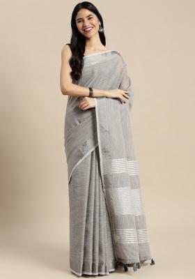 Grey Woven Zari Work Poly Cotton Saree Set