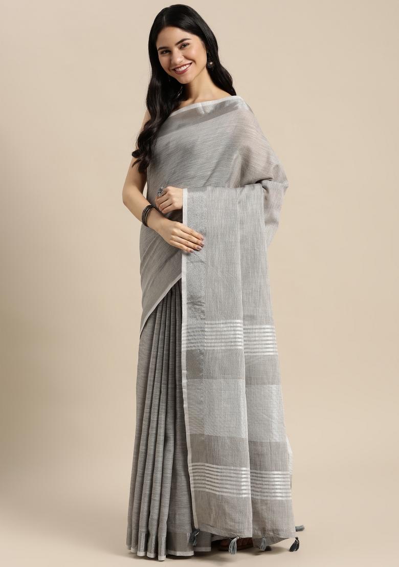 Grey Woven Zari Work Poly Cotton Saree Set - Indya