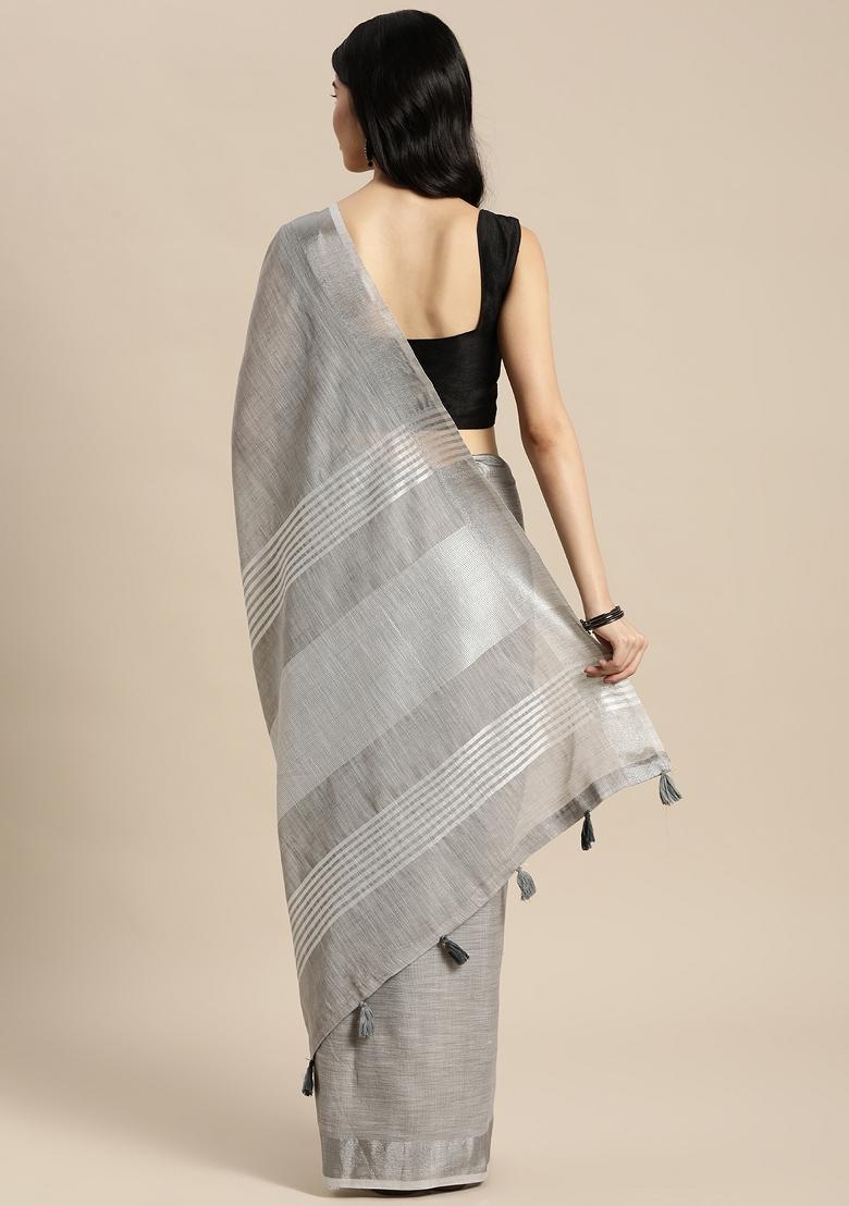 Grey Woven Zari Work Poly Cotton Saree Set - Indya