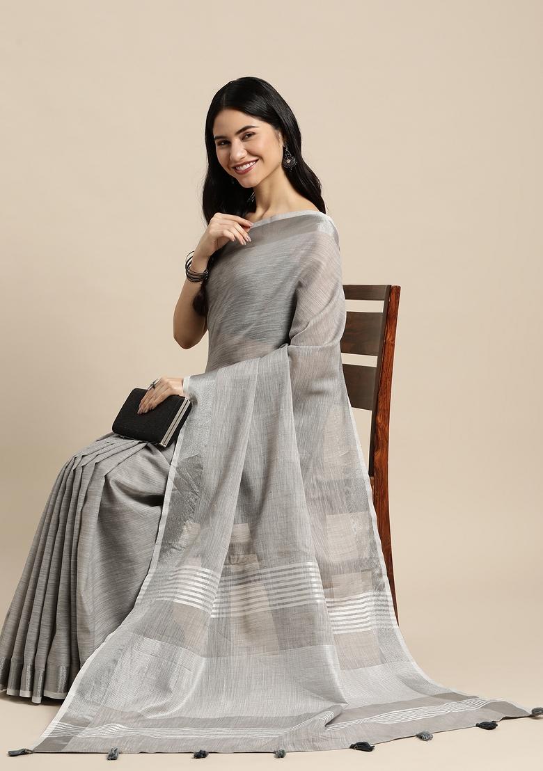 Grey Woven Zari Work Poly Cotton Saree Set - Indya