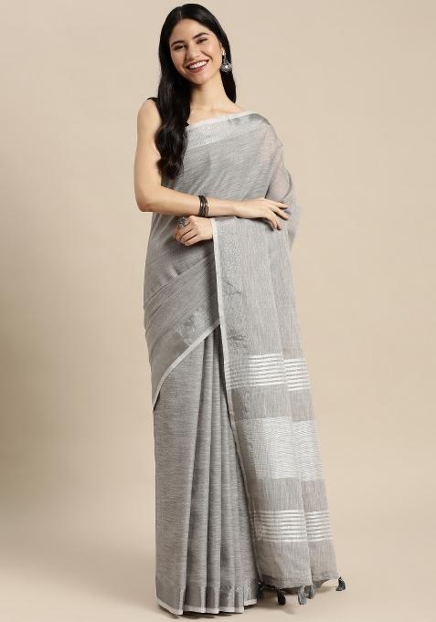 Grey Woven Zari Work Poly Cotton Saree Set