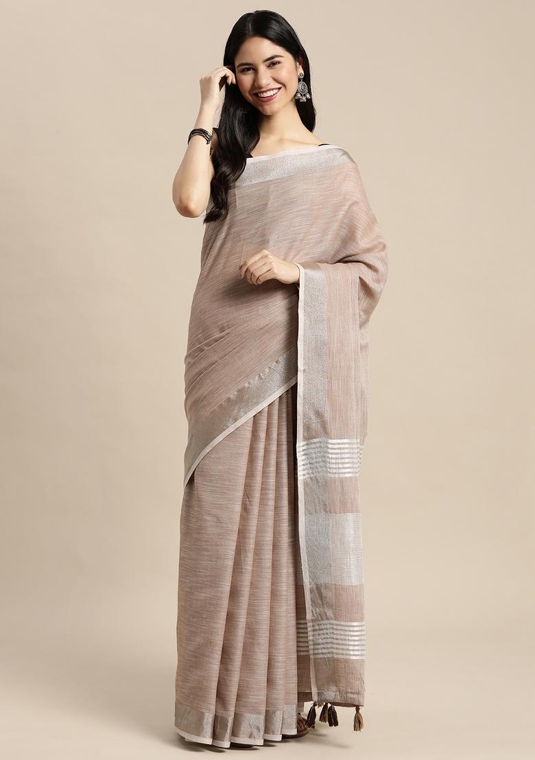 Brown Woven Zari Work Poly Cotton Saree Set - Indya