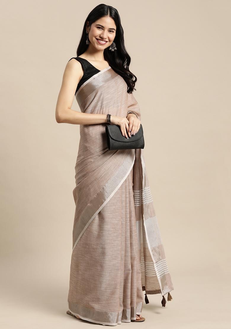 Brown Woven Zari Work Poly Cotton Saree Set - Indya