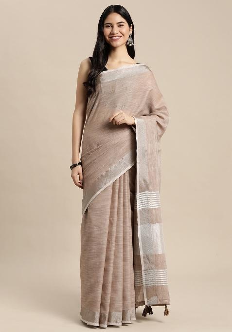 Brown Woven Zari Work Poly Cotton Saree Set — view on Indya