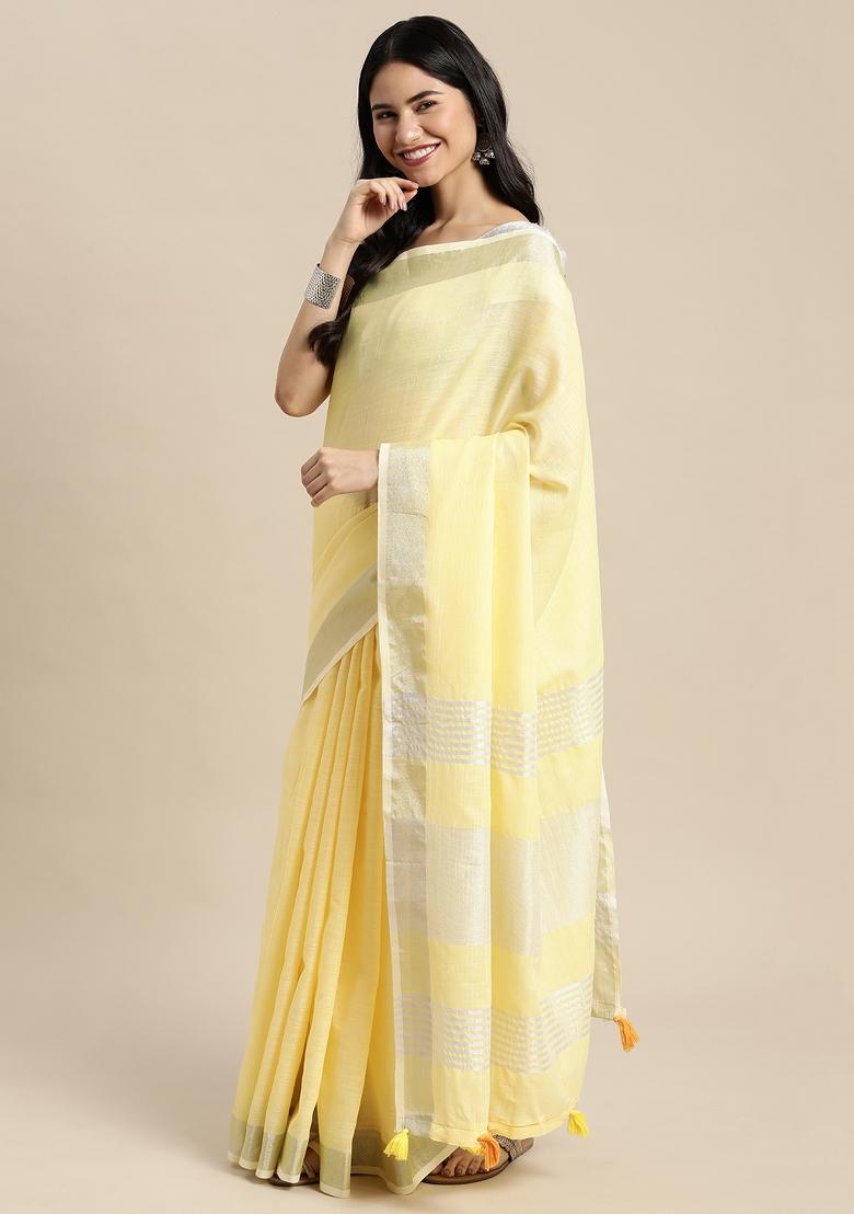 Yellow Woven Zari Work Poly Cotton Saree Set - Indya