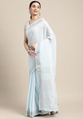 Sky Blue Woven Zari Work Poly Cotton Saree Set