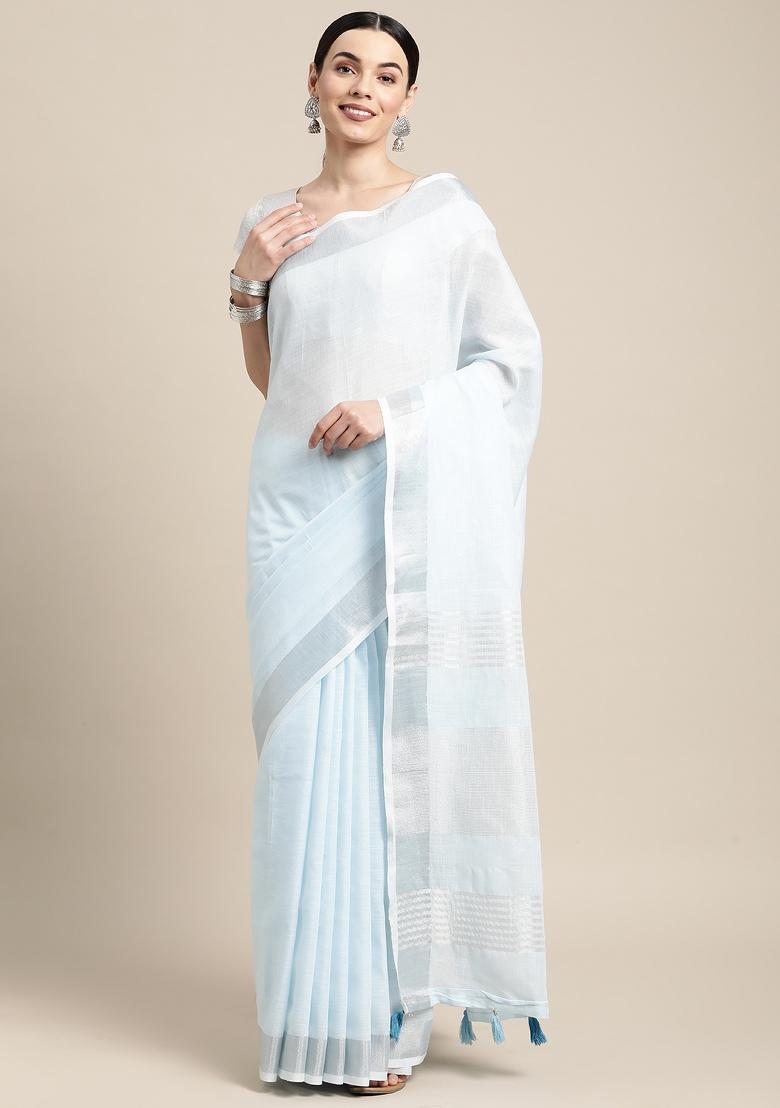 Sky Blue Woven Zari Work Poly Cotton Saree Set - Indya