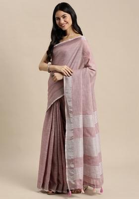 Purple Woven Zari Work Poly Cotton Saree Set