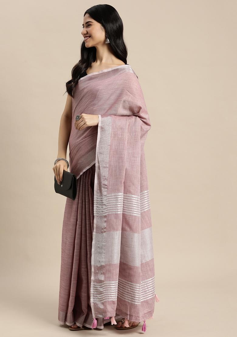 Purple Woven Zari Work Poly Cotton Saree Set - Indya