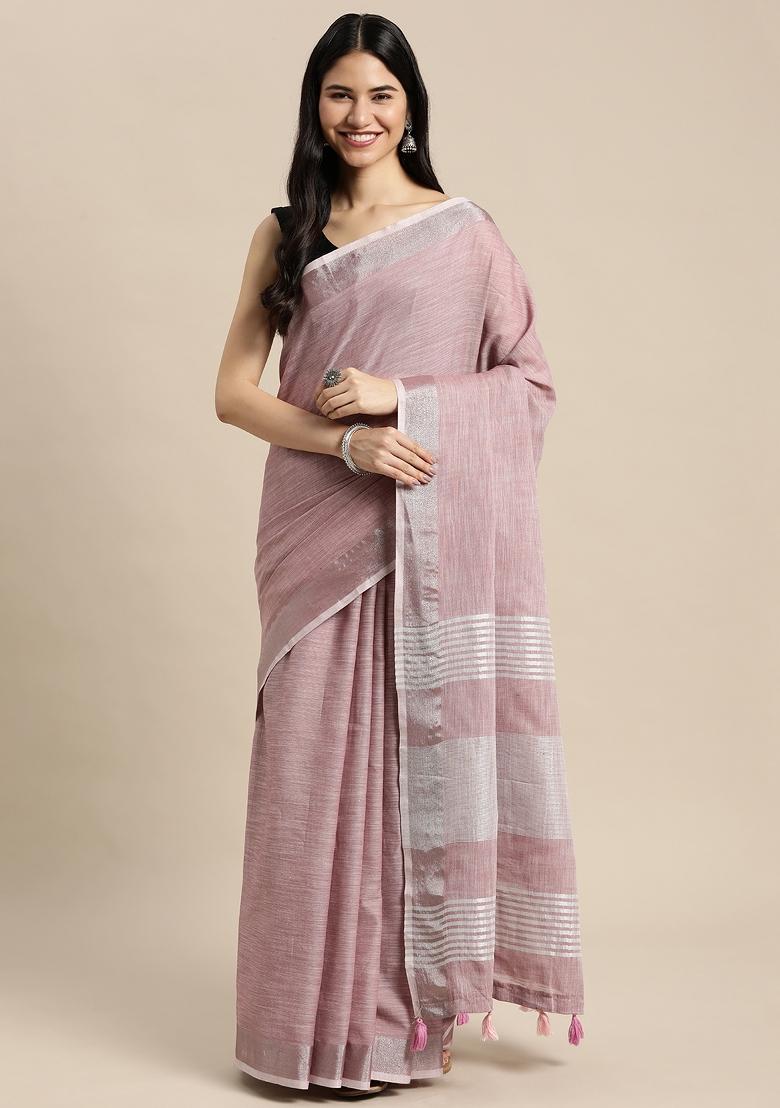 Purple Woven Zari Work Poly Cotton Saree Set - Indya