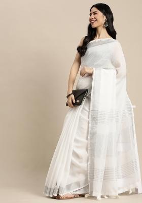 Off White Woven Zari Work Poly Cotton Saree Set