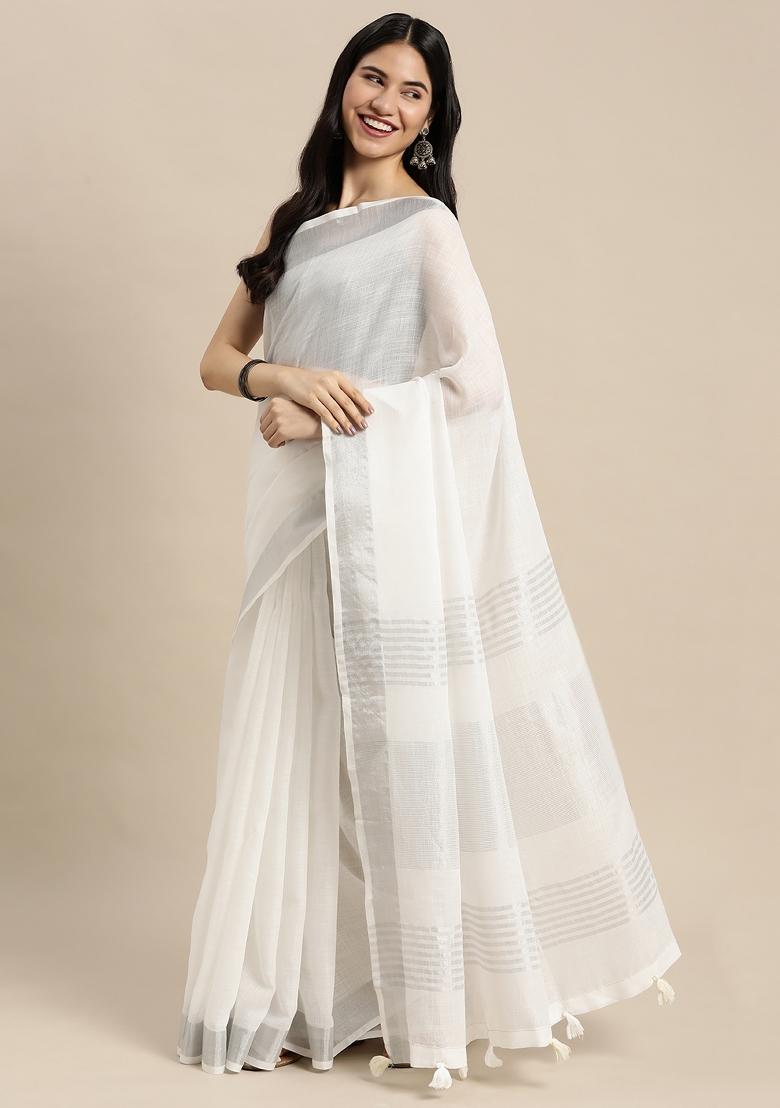 Off White Woven Zari Work Poly Cotton Saree Set - Indya