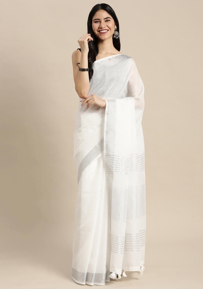 Off White Woven Zari Work Poly Cotton Saree Set - Indya