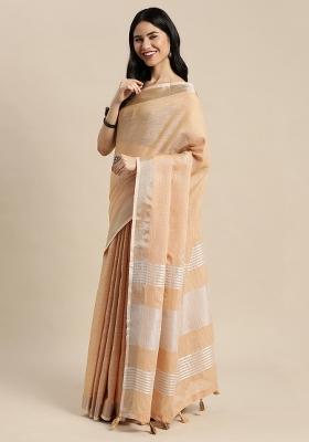 Tan Woven Zari Work Poly Cotton Saree Set