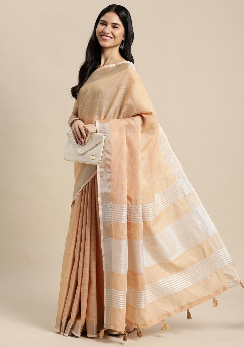 Tan Woven Zari Work Poly Cotton Saree Set - Indya